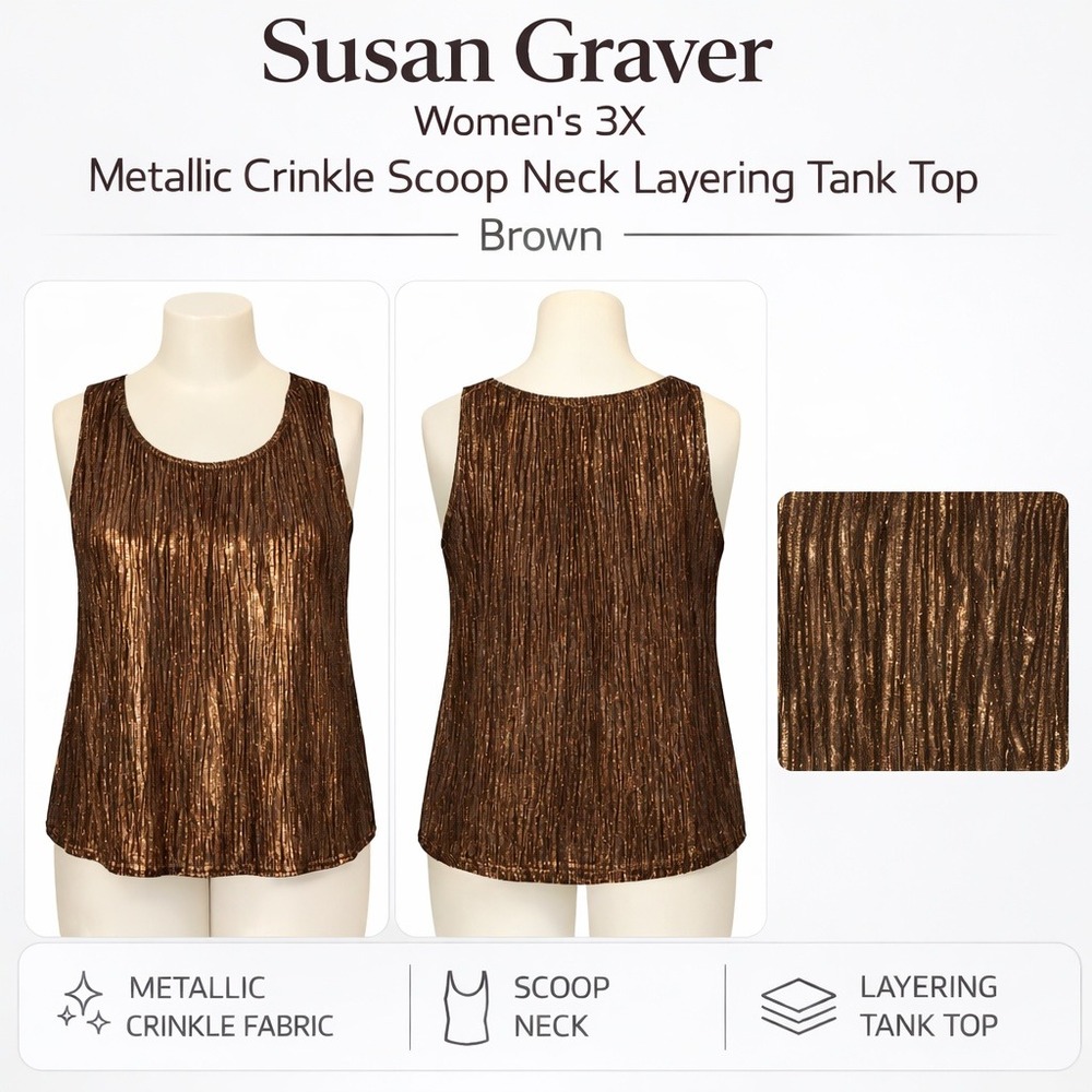 Susan Graver Womens 3X Metallic Crinkle Scoop Neck Layering Tank Top Brown 94237